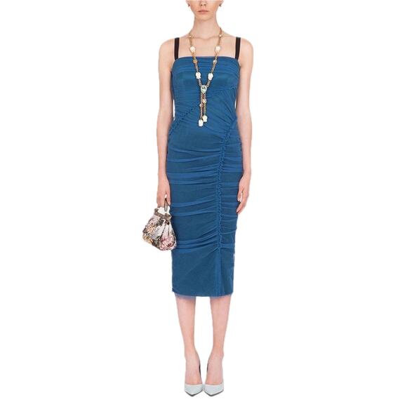 NWT Dolce & Gabbana Blue Tulle Ruched Mesh Bodycon Midi Dress 44 L - Picture 6 of 11